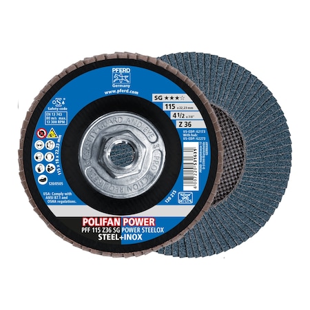 Pferd 4-1/2" x 5/8-11 Thd. POLIFAN Flap Disc - Z SG POWER STEELOX, Zirconia, 36 Grit, Flat 62273